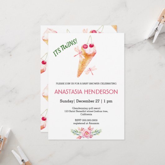 Baby Dusche Einladung. Es sind Zwillinge! Einladun (Vorderseite/Rückseite Beispiel)