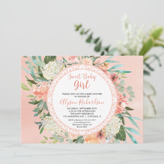 Baby Dusche Einladung Girl Pfirsiche Creme grün (Stehend Vorderseite)