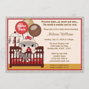 Baby Dusche Einladung GIRL Sock MONKEY Krippe SMC-