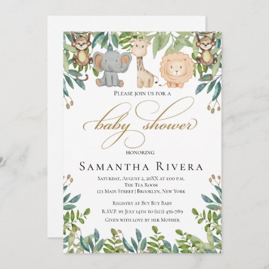 Baby Dusche Einladung, Jungle Safari Baby Dusche Einladung (Vorne/Hinten)
