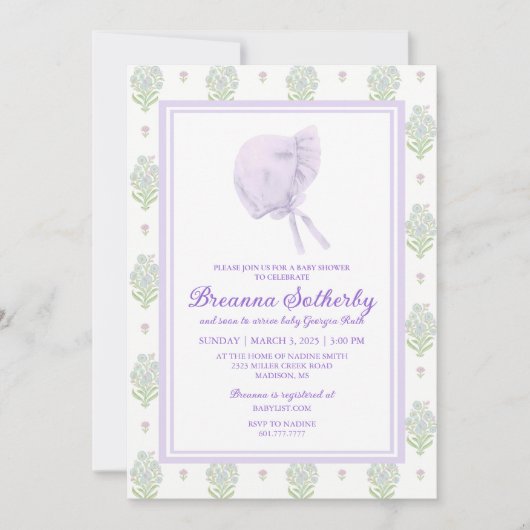 Baby Dusche Einladung Lavendel mit Bonnet (Vorderseite)