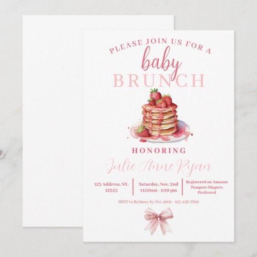 Baby Dusche Einladung - Pink Bow Brunch! (Vorne/Hinten)