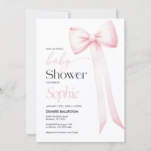 Baby Dusche Einladung Rosa Coquette Bow (Vorderseite)
