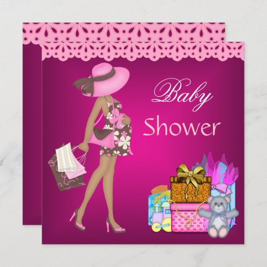 Baby Dusche Einladung Rosa Geschenkbär 3 (Vorne/Hinten)