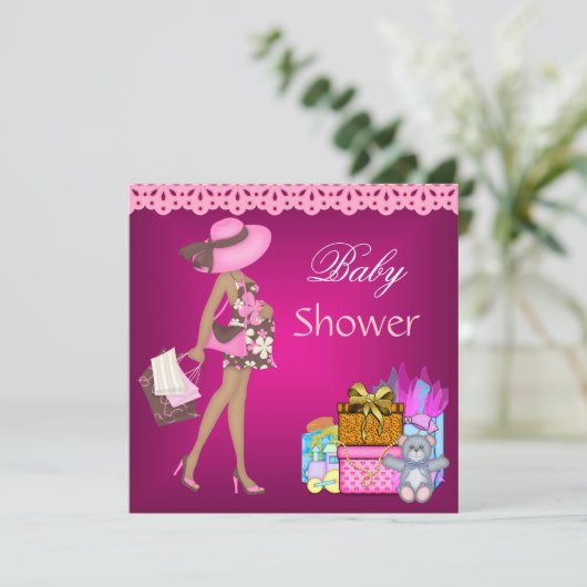 Baby Dusche Einladung Rosa Geschenkbär 3 (Stehend Vorderseite)