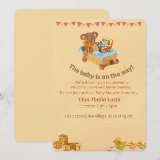 Baby Dusche Einladung Teddy Bär (Vorne/Hinten)