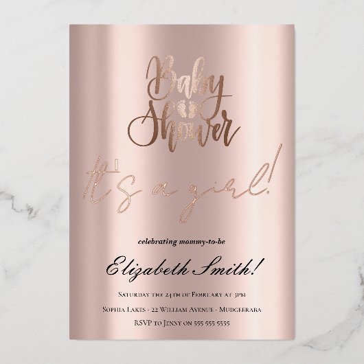 Baby Dusche - Es ist ein Mädchen, Rose Gold Foil I Folieneinladung (Vorderseite)