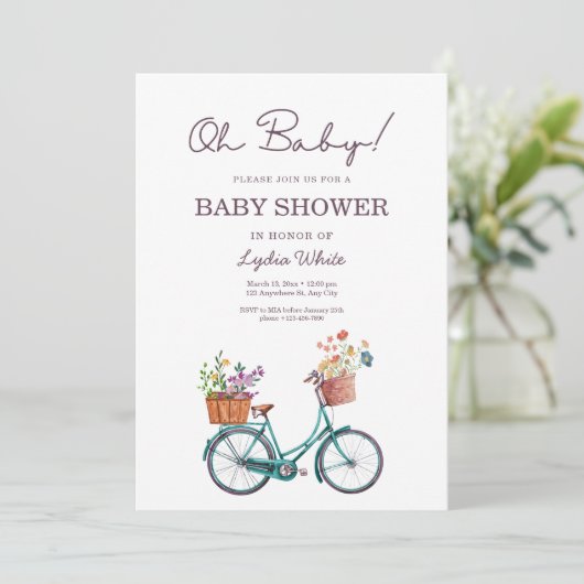 Baby Dusche Fahrrad Babydusche Blumenbaby Einladung (Stehend Vorderseite)
