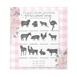 Baby Dusche Farm Animal Games Pink Roses Gingham Notizblock