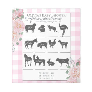 Baby Dusche Farm Animal Games Pink Roses Gingham Notizblock