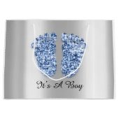 Baby Dusche Feet Es ist ein Boy Blue Navy Silver Große Geschenktüte (Vorderseite)