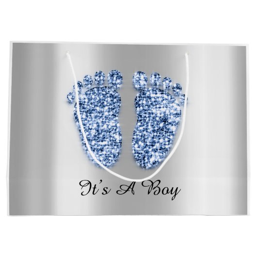 Baby Dusche Feet Es ist ein Boy Blue Navy Silver Große Geschenktüte (Rückseite)