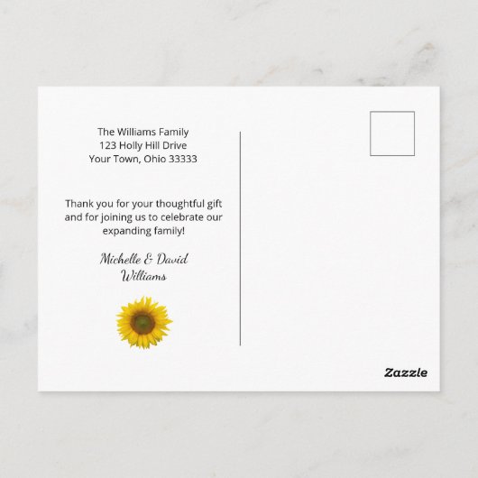 Baby Dusche Foto Einfache Sonnenblume Vielen Dank Postkarte (Rückseite)
