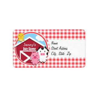 Baby-Dusche für Landtiere; Rot & Weiß Gingham Adressaufkleber