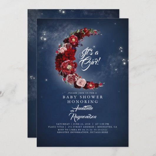 Baby-Dusche für Navy und Burgundy Floral Moon Einladung (Vorne/Hinten)