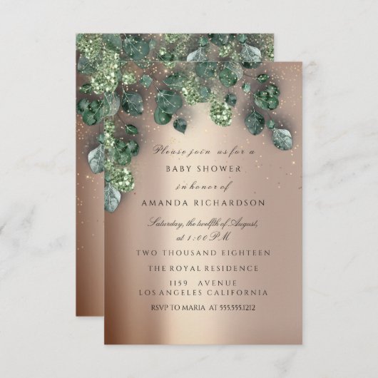 Baby Dusche Glitzer Feet Rose Woodland Gold Einladung (Vorne/Hinten)