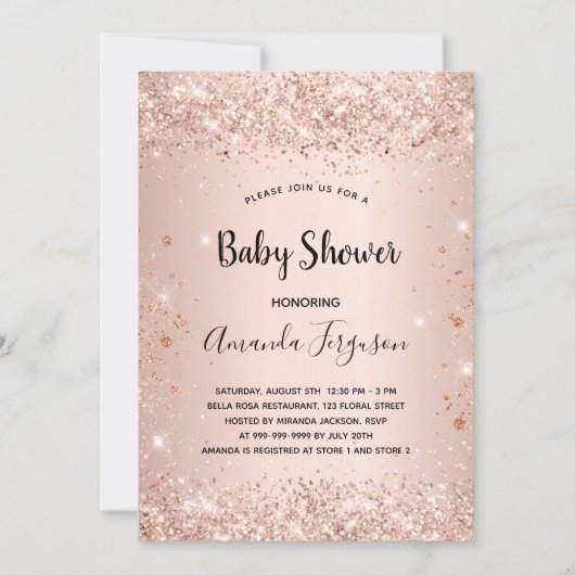 Baby Dusche Glitzer Rose Gold Metallmädchen Einladung (Vorderseite)