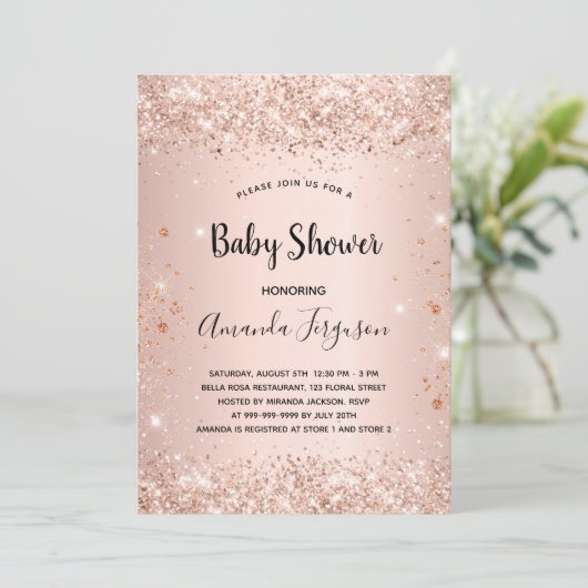 Baby Dusche Glitzer Rose Gold Metallmädchen Einladung (Stehend Vorderseite)