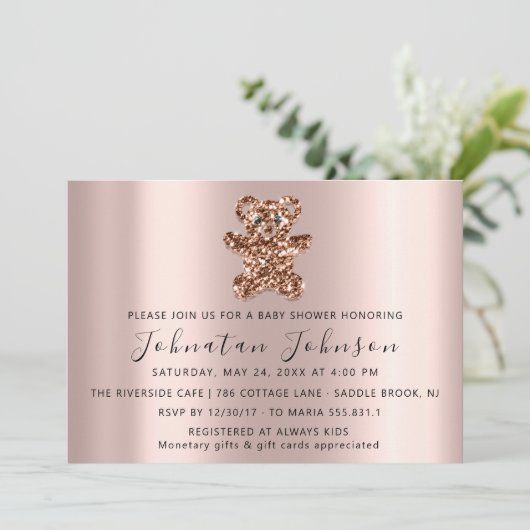 Baby Dusche Glitzer Rose Sweet Bear Boy Girl Invit Einladung (Stehend Vorderseite)