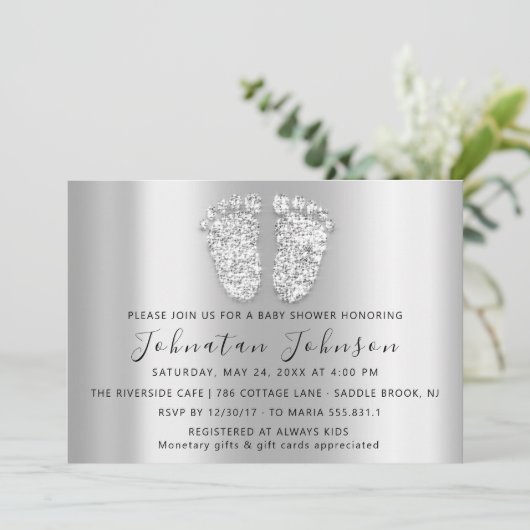 Baby Dusche Glitzer Silver Gray Feet Gray Boy Girl Einladung (Stehend Vorderseite)