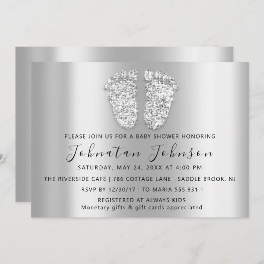 Baby Dusche Glitzer Silver Gray Feet Gray Boy Girl Einladung (Vorne/Hinten)