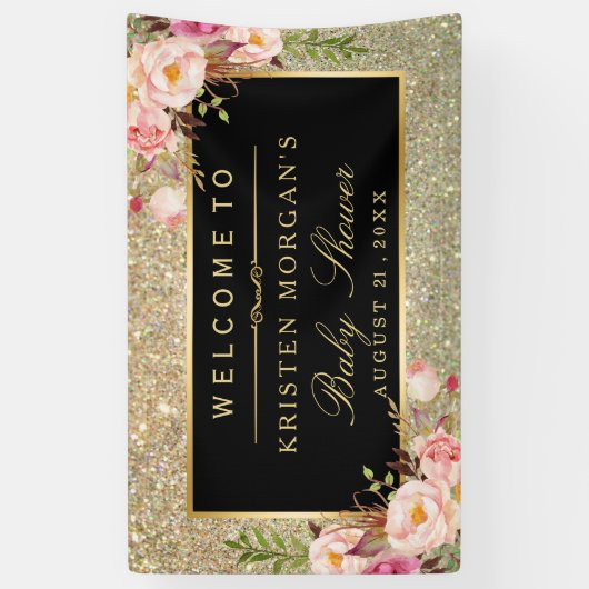 Baby Dusche Gold Glitzer Glitzern Pink Floral Banner (Vertikal)