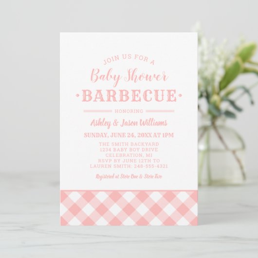 Baby Dusche GRILLEN Blush Pink Gingham Kariert Einladung (Stehend Vorderseite)