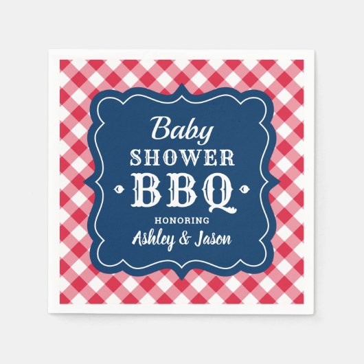 Baby Dusche GRILLEN Red White Navy Blue Gingham Ka Serviette (Vorderseite)