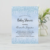 Baby Dusche hellblau Glitzer Tropfen Junge Einladung (Stehend Vorderseite)