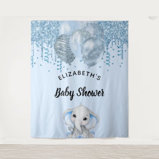 Baby Dusche hellblauer Glitzer Elefantenjunge Silb Wandteppich (Vorderseite)