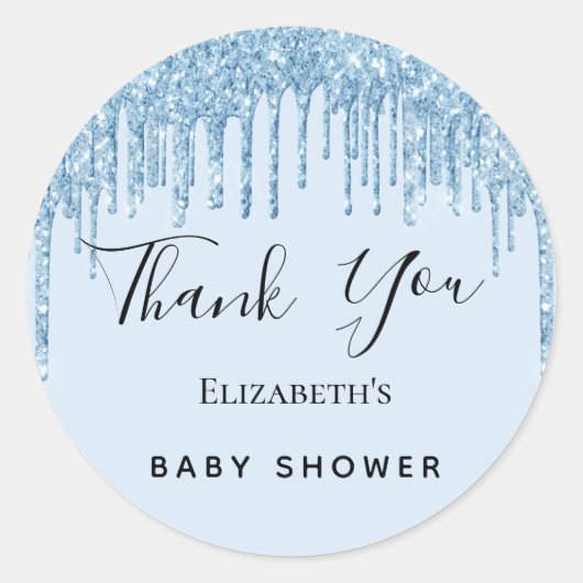 Baby Dusche hellblauer Junge Glitzer Danke Runder Aufkleber (Vorderseite)