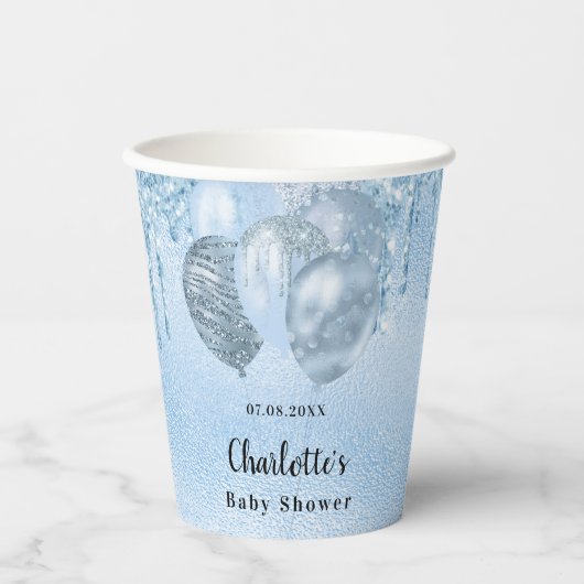 Baby Dusche hellblauer Tropfen Ballons Pappbecher (Vorderseite)