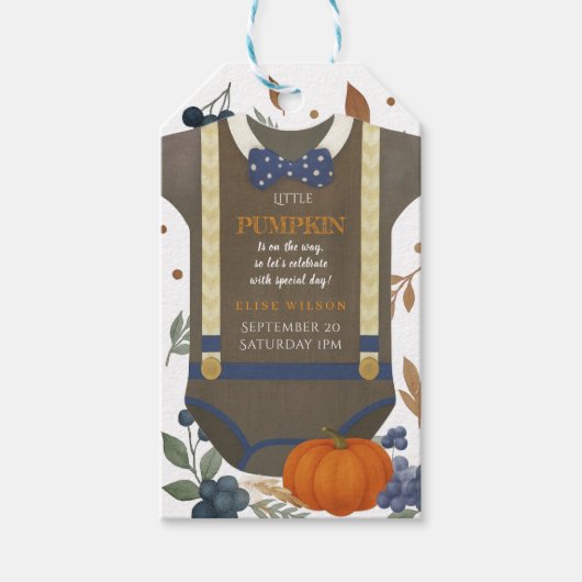 Baby Dusche Herbst blauer Bodysuit Geschenkanhänger (Vorderseite)