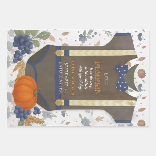 Baby Dusche Herbst blauer Bodysuit Geschenkpapier Set (Vorderseite)