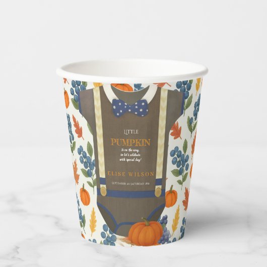 Baby Dusche Herbst blauer Bodysuit Pappbecher (Vorderseite)