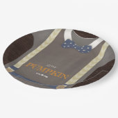 Baby Dusche Herbst blauer Bodysuit Pappteller (Schrägansicht)