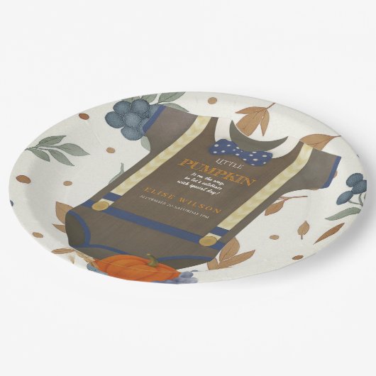 Baby Dusche Herbst blauer Bodysuit Pappteller (Schrägansicht)