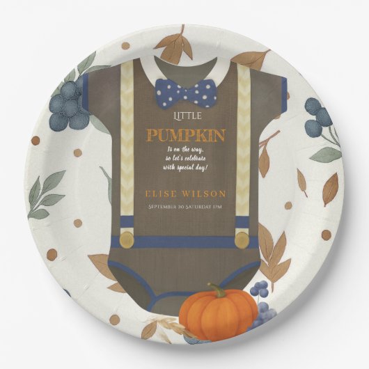 Baby Dusche Herbst blauer Bodysuit Pappteller (Vorderseite)