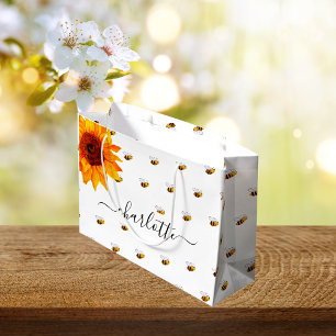 Baby Dusche Hummel rustikale Sonnenblume Name Große Geschenktüte