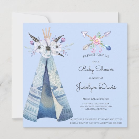 Baby Dusche Indian Teepee Feathers Blume Blue Einladung (Vorderseite)