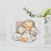 Baby Dusche Kind mit Lämmern Einladung (Stehend Vorderseite)