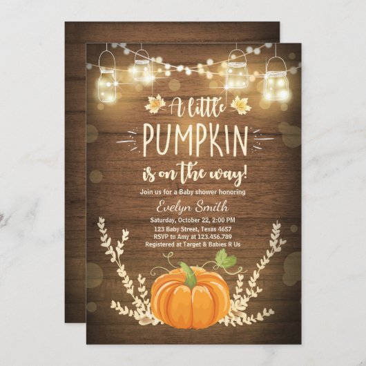Baby Dusche laden Kleine Pumpkin Fall Holz rustika Einladung (Vorne/Hinten)