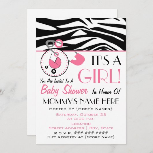 Baby-Dusche laden - rosa Windel-Button u. Einladung (Vorne/Hinten)