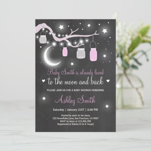 Baby Dusche Liebe Sie zum Mond Duschmädchen pink Einladung (Stehend Vorderseite)