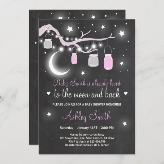 Baby Dusche Liebe Sie zum Mond Duschmädchen pink Einladung (Vorne/Hinten)