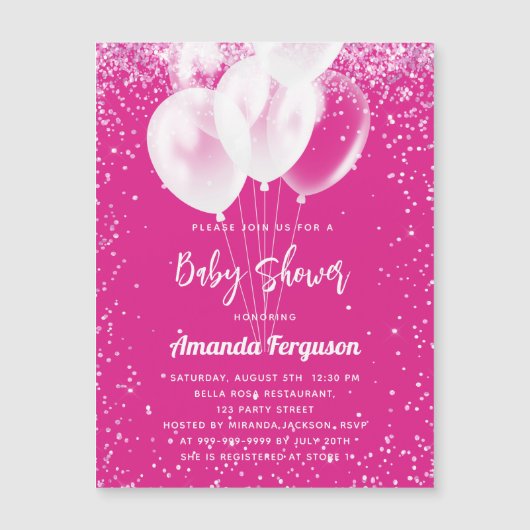 Baby Dusche Mädchen heiß rosa weißen Ballons Luxus Magneteinladung (Vorderseite)