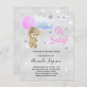 Baby Dusche Mädchen rosa Teddy tragen silberne Ein (Vorne/Hinten)