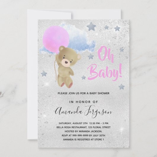 Baby Dusche Mädchen rosa Teddybär silber Einladung (Vorderseite)