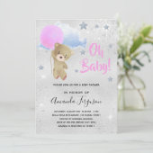 Baby Dusche Mädchen rosa Teddybär silber Einladung (Stehend Vorderseite)