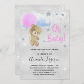 Baby Dusche Mädchen rosa Teddybär silber Einladung (Vorne/Hinten)